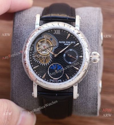Faux Patek Philippe Complications Tattoo Case Black Leather Strap 42mm